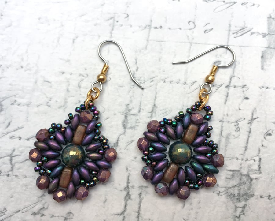 Metallic Purple beaded mandala style dangle earrings