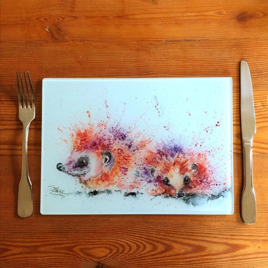 Hedgehogs Glass Placemat, Wildlife Design Table Mat, Glass Trivet, Hot Plate, Wa
