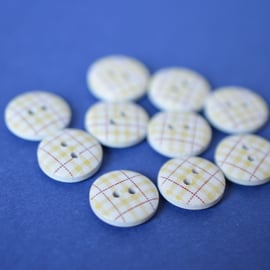 15mm Wooden Tartan Plaid Buttons Yellow, White & Red 10pk Checked Check (SCK10)