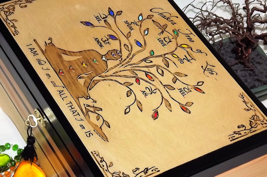 LOCKABLE ENGRAVED Tree-Of-Life Spiritual wooden CHAKRA Box with SYMBOLS.