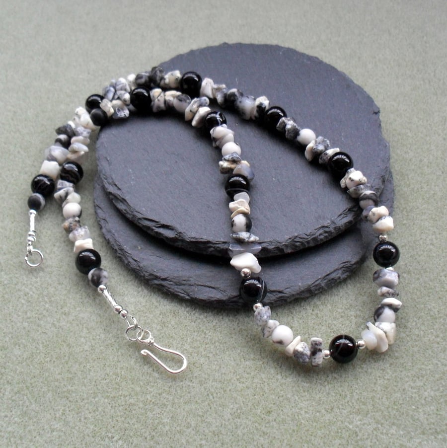 Dendrite Opal and Black Agate Sterling Silver Necklace