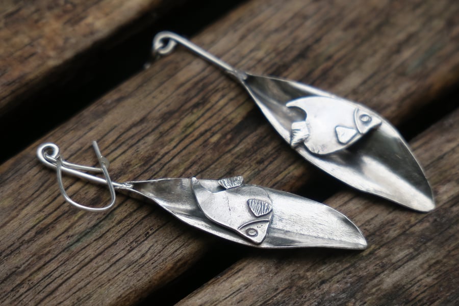 Sterling Silver Fish Earrings, Silver Dangle Earrings, Fish Lover Gift