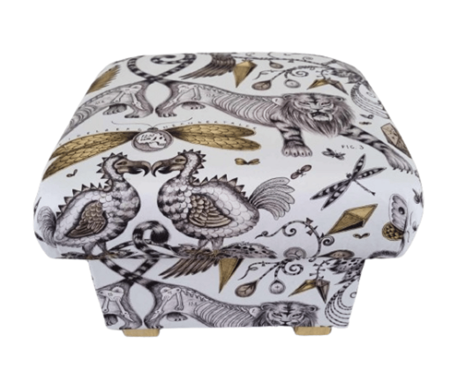 Emma Shipley Extinct Gold Fabric Storage Footstool Pouffe Ottoman Birds White 