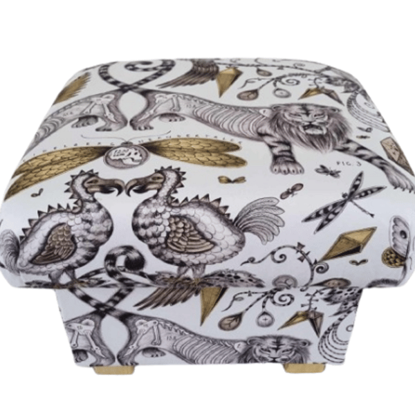 Emma Shipley Extinct Gold Fabric Storage Footstool Pouffe Ottoman Birds White 