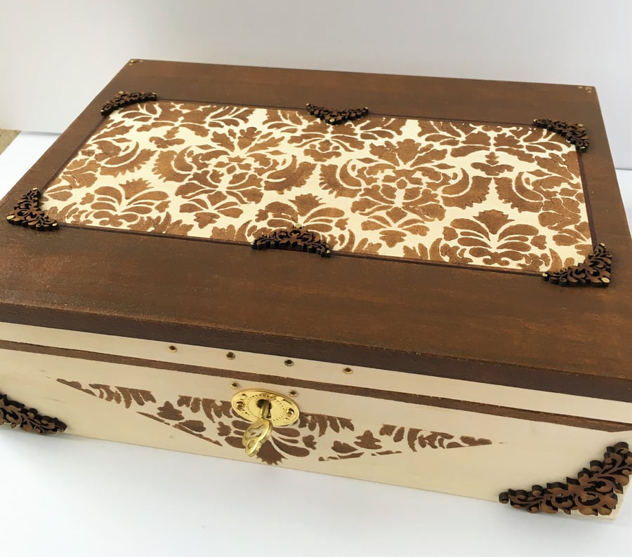 LOCKABLE AGED One of a Kind Decorative Walnut stain Wooden Box by Livz Design