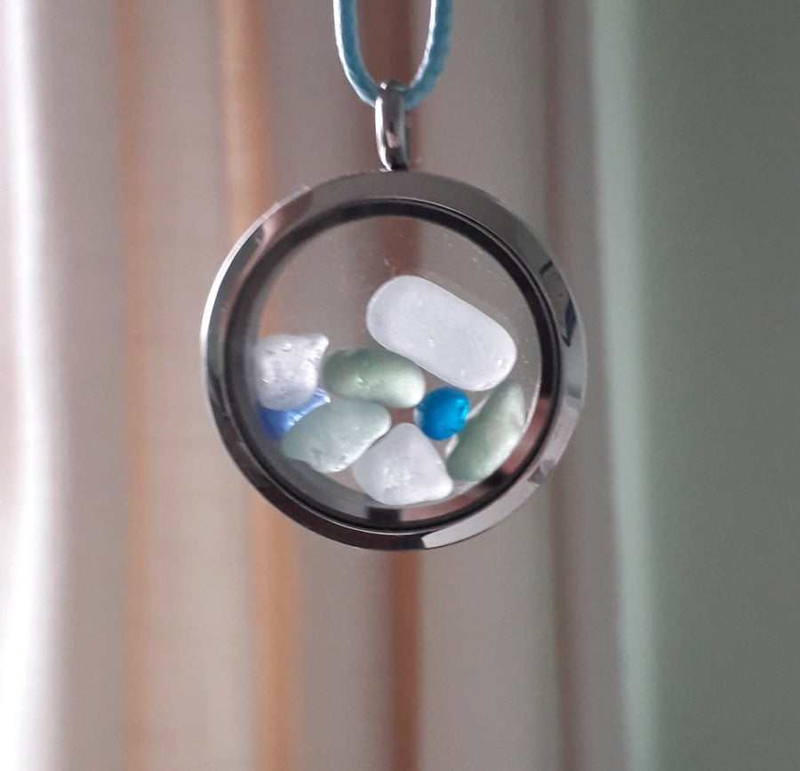 Floating Locket of Seaham Sea Glass, Stainless Steel & Beach Glass Pendant 