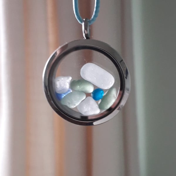 Floating Locket of Seaham Sea Glass, Stainless Steel & Beach Glass Pendant 