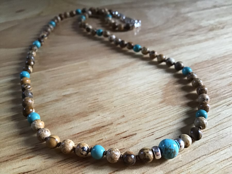 Picture Jasper Turquoise and Sterling silver hand knotted necklace