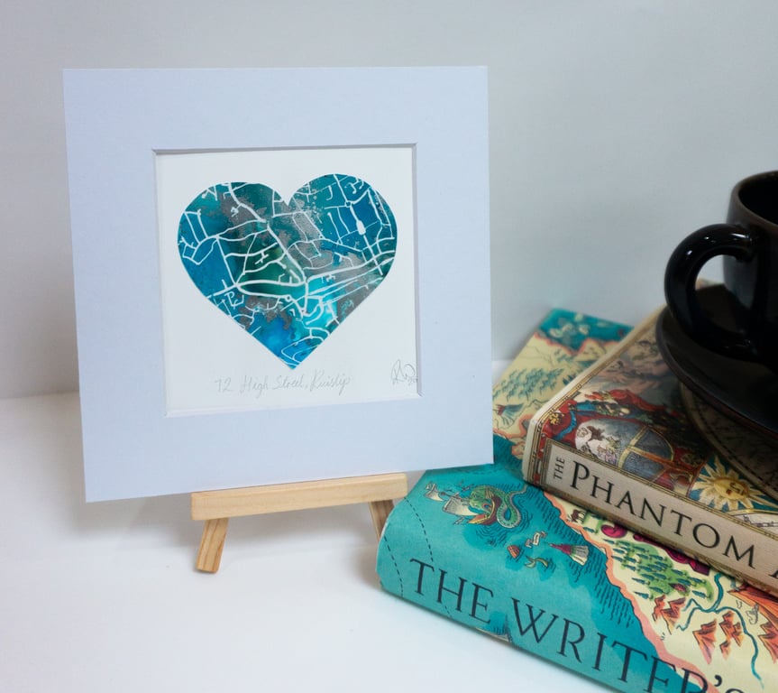 Personalised Blue Heart Map custom made heart shaped painting of special places