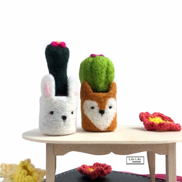 Set of 2 miniature cactus in animal pots, needle felted by Lily Lily Handmade