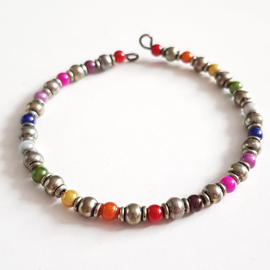 Rainbow Miracle Bead Open Cuff Bracelet with Silver Spacers