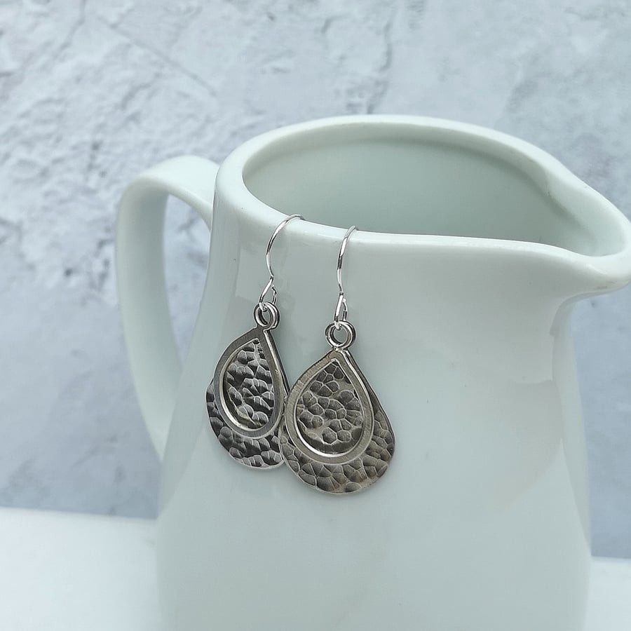 Sterling Silver Large Hammered Teardrop Layered Earrings - SILV099