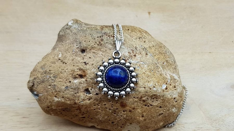 Boho round Lapis lazuli Pendant. September birthstone. 