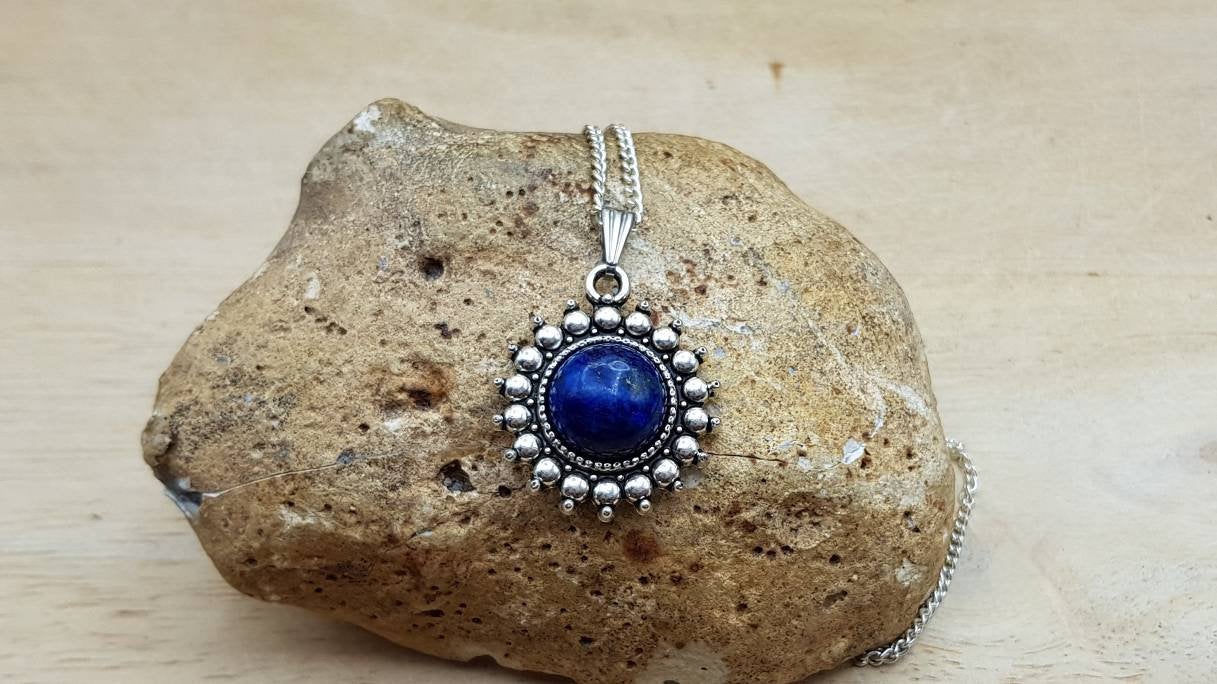 Boho round Lapis lazuli Pendant. September birthstone. 