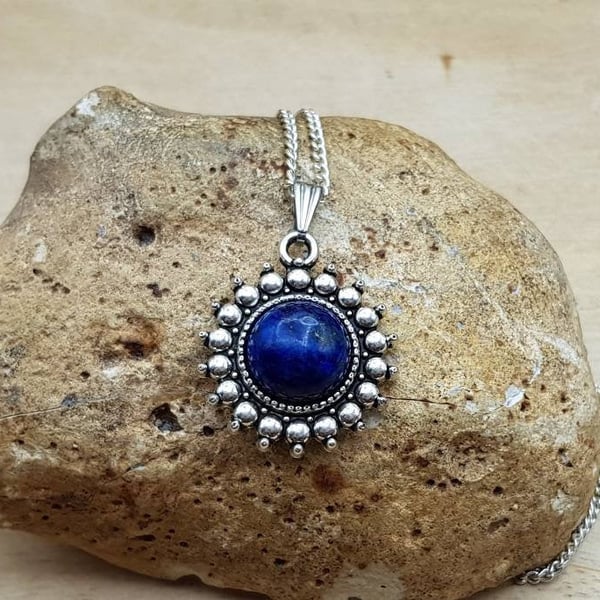 Boho round Lapis lazuli Pendant. September birthstone. 