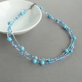 Turquoise Multi Strand Beaded Necklace - Sky Blue Pearl and Crystal Jewellery