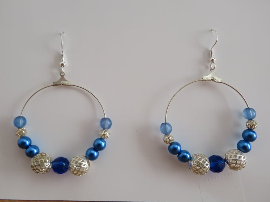 Sapphire Royal Blue & Silver Beaded Retro Hoop Earrings