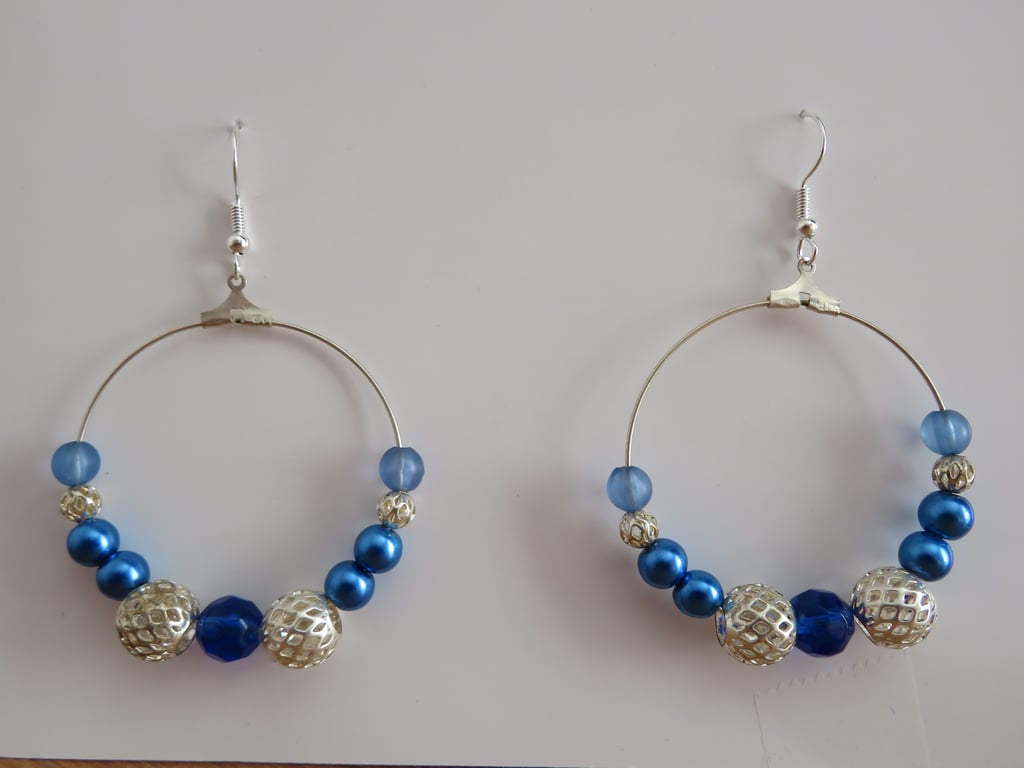 Sapphire Royal Blue & Silver Beaded Retro Hoop Earrings