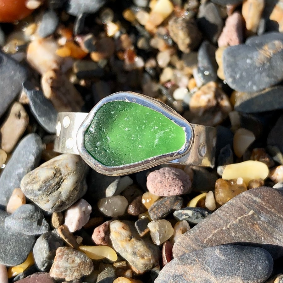 Bright Green Sea Glass and Sterling Silver Ring - 1117