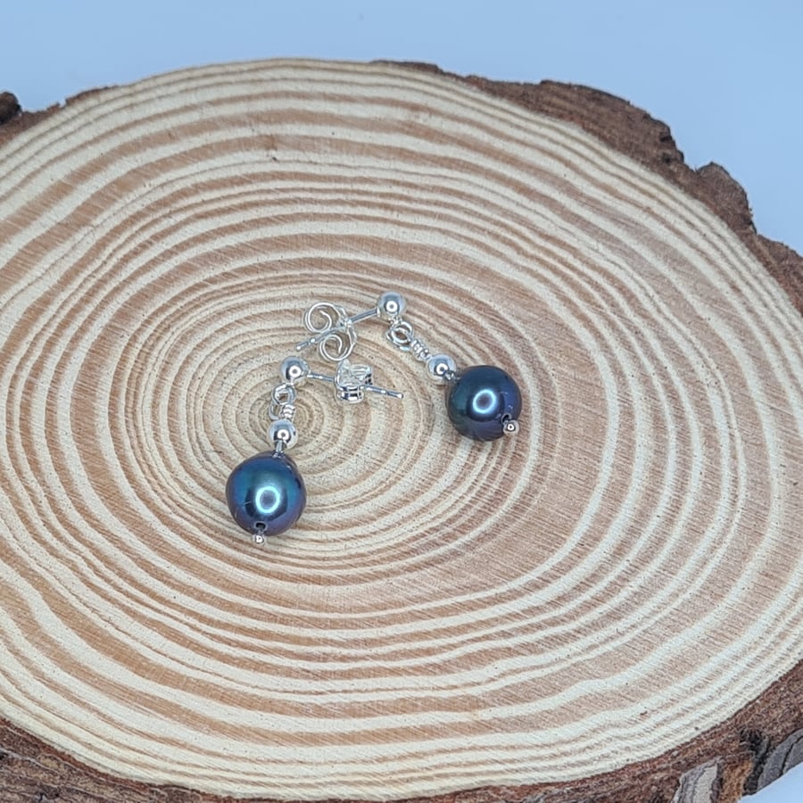 Sterling Silver Blue Freshwater Pearl Dangle Stud Earrings
