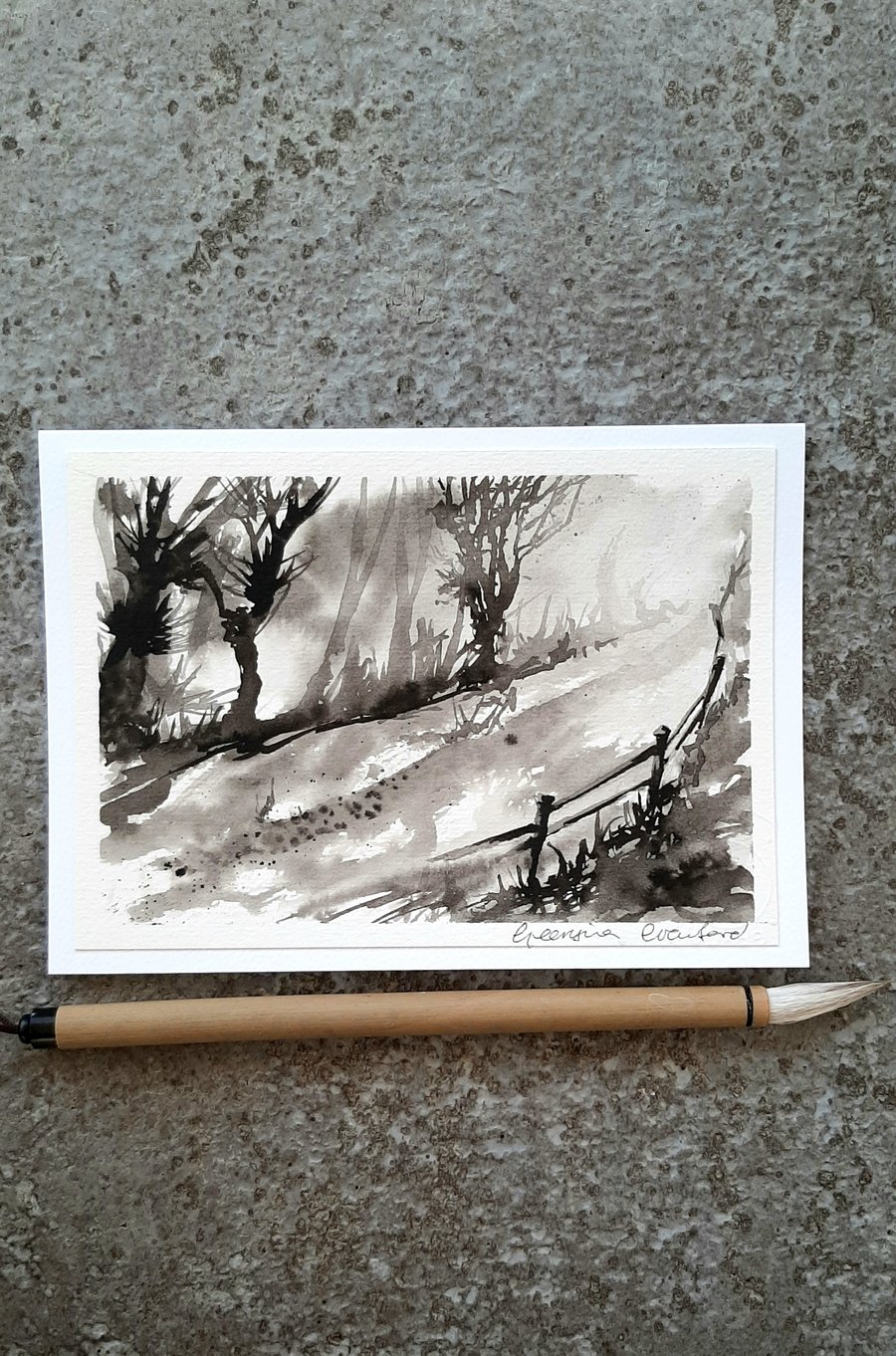 Black and White Handpainted Blank Card Lane With Trees