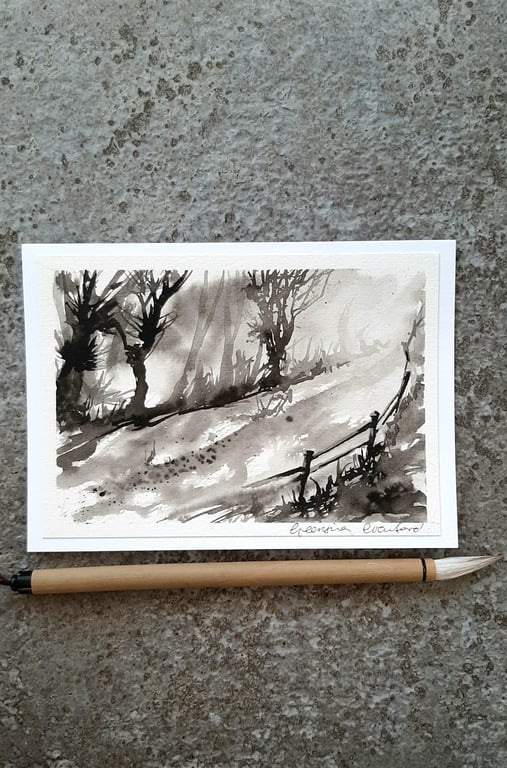 Black and White Handpainted Blank Card Lane With Trees