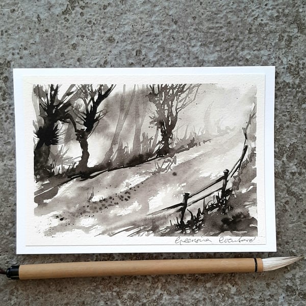 Black and White Handpainted Blank Card Lane With Trees