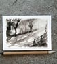 Black and White Handpainted Blank Card Lane With Trees