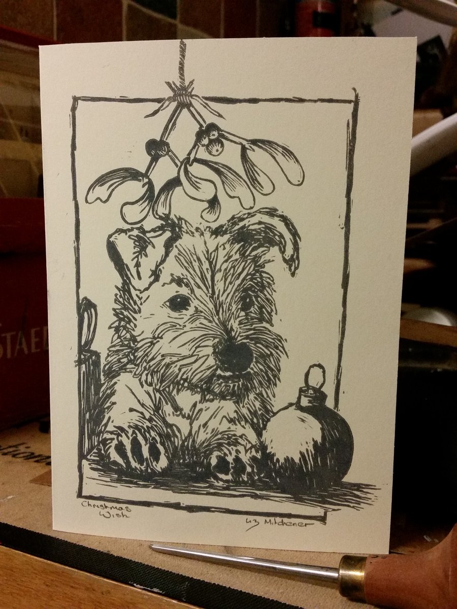 Original Linocut xmas card 'Christmas Wish'puppy and mistletoe (cream & grey)