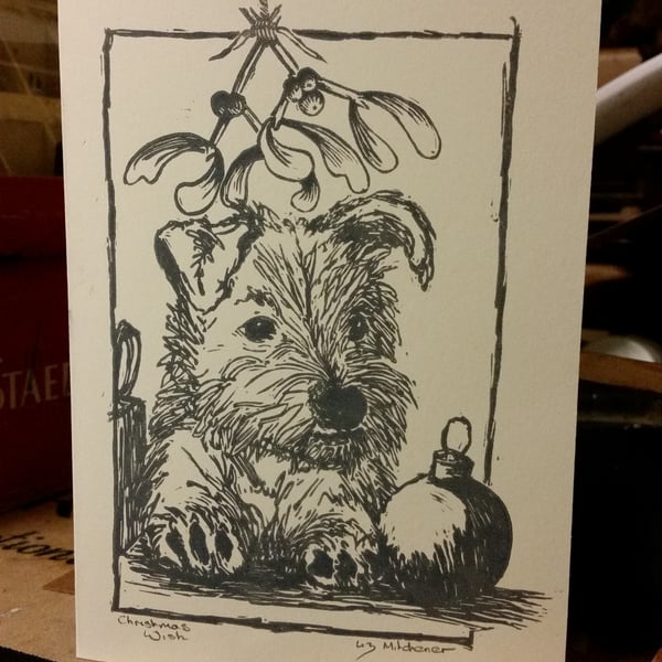 Original Linocut xmas card 'Christmas Wish'puppy and mistletoe (cream & grey)