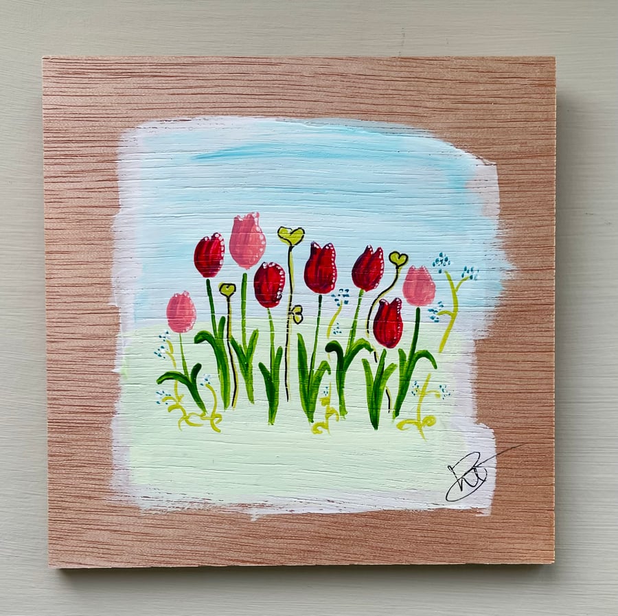 Tiny, impressionistic tulip flower painting, acrylic and ink on wooden board