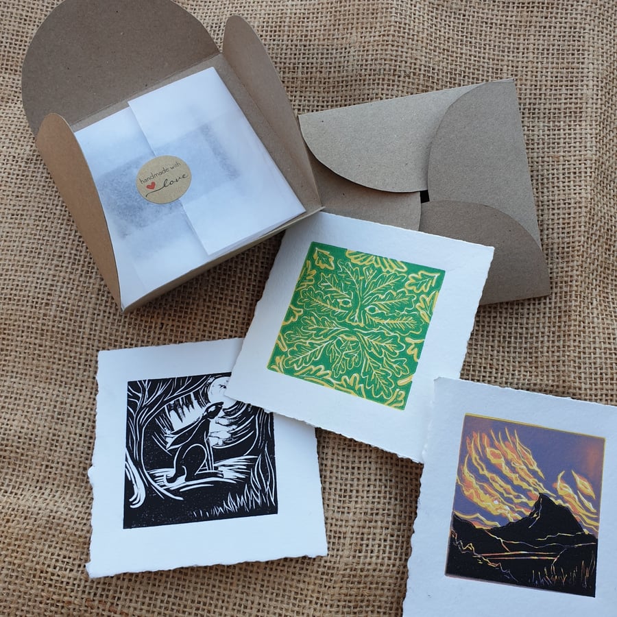 Tiny package of spring, 3 original linocut prints in handmade envelope 