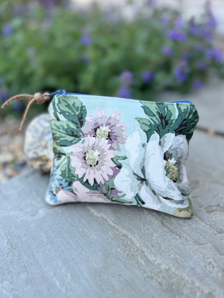 Vintage Sanderson floral coin purse zip pouch reclaimed fabric