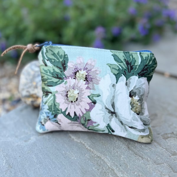 Vintage Sanderson floral coin purse zip pouch reclaimed fabric