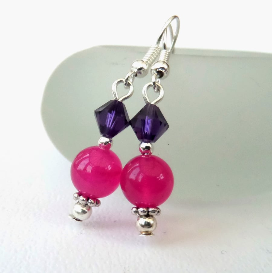 Rose pink & purple dangly earrings, with crystal by Swarovski®  