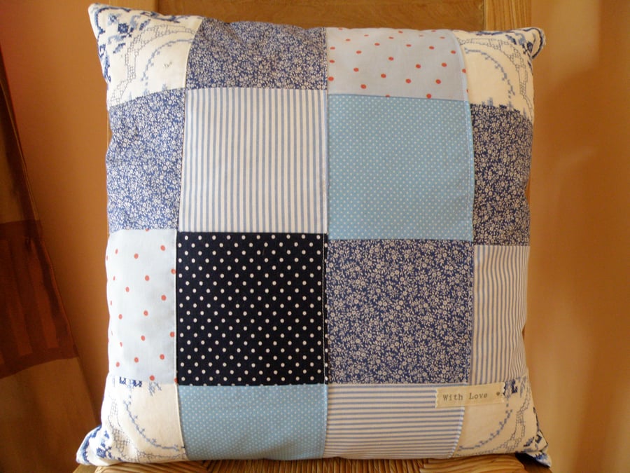 Pretty blue patchwork cushion cover and feather pad