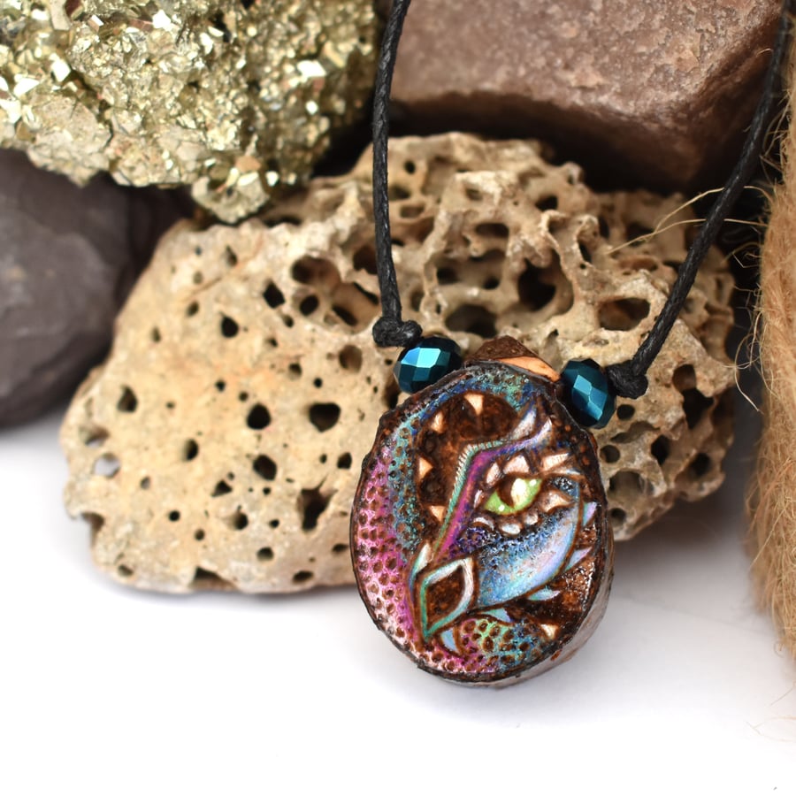 Rainbow dragon pyrography pendant, rustic branch slice necklace. 