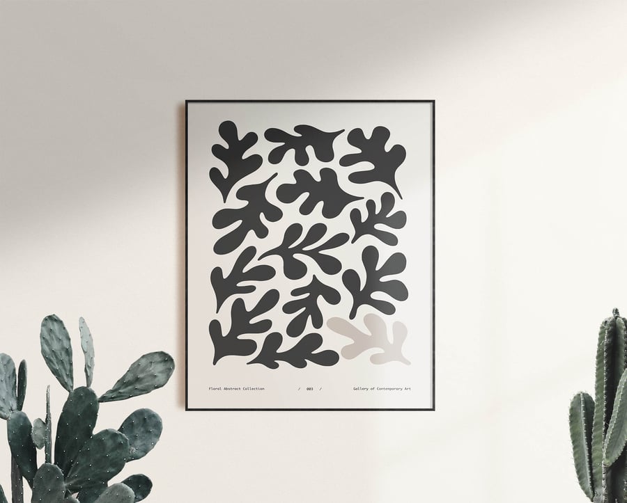 Abstract Leaf Shapes, Grey and Beige, Contemporary Wall Art