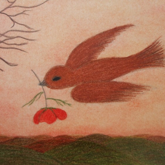 Bird Poppy Card, Sympathy Spiritual Art, Dove Flower, Blank Greeting card 