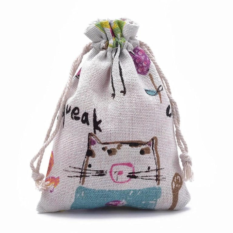 5 Animal Fabric Bags 14x10cm, Drawstring Gift Bags, Cats Mice Bears and Birds