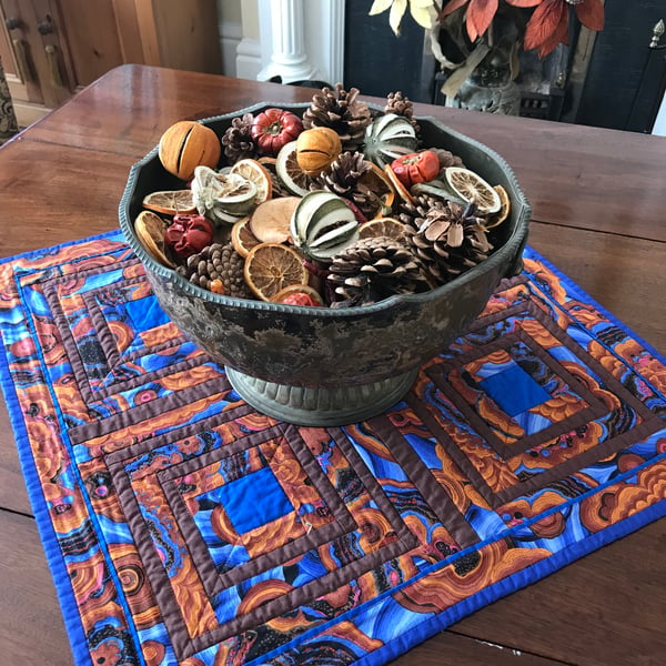 Agate quilted textile table topper blue brown