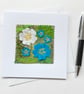 Up-cycled embroidered spring primrose garden card small artwork. 