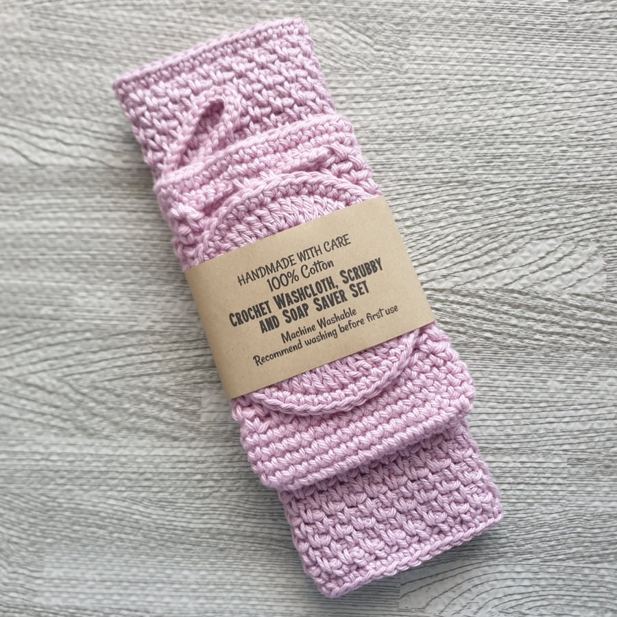 Pink Crocheted Wash Cloth, Scrubbie & Soap Saver Set 100% Cotton Handmade