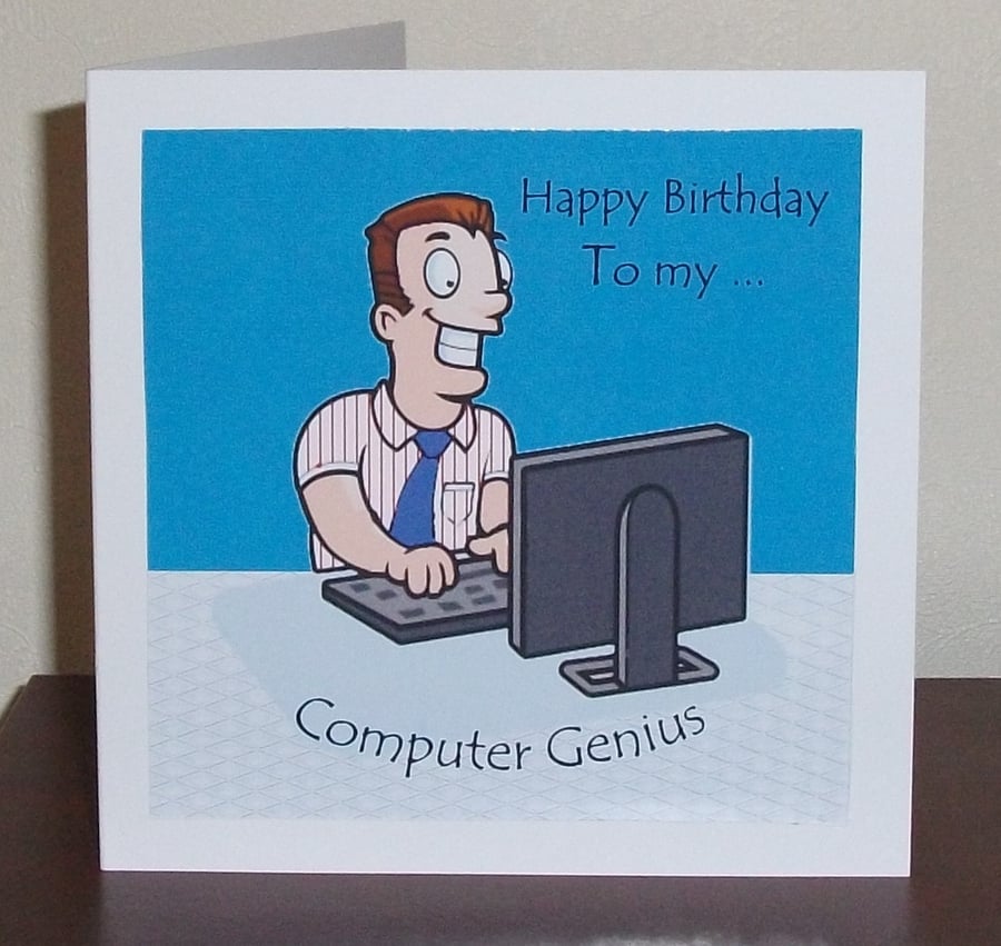 Male birthday card, computer user, blue