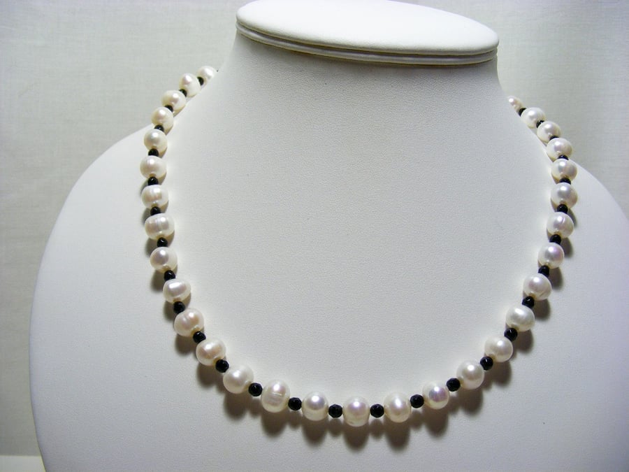 White Freshwater  Pearl and Black Agate Necklace with 925 Sterling Silver.