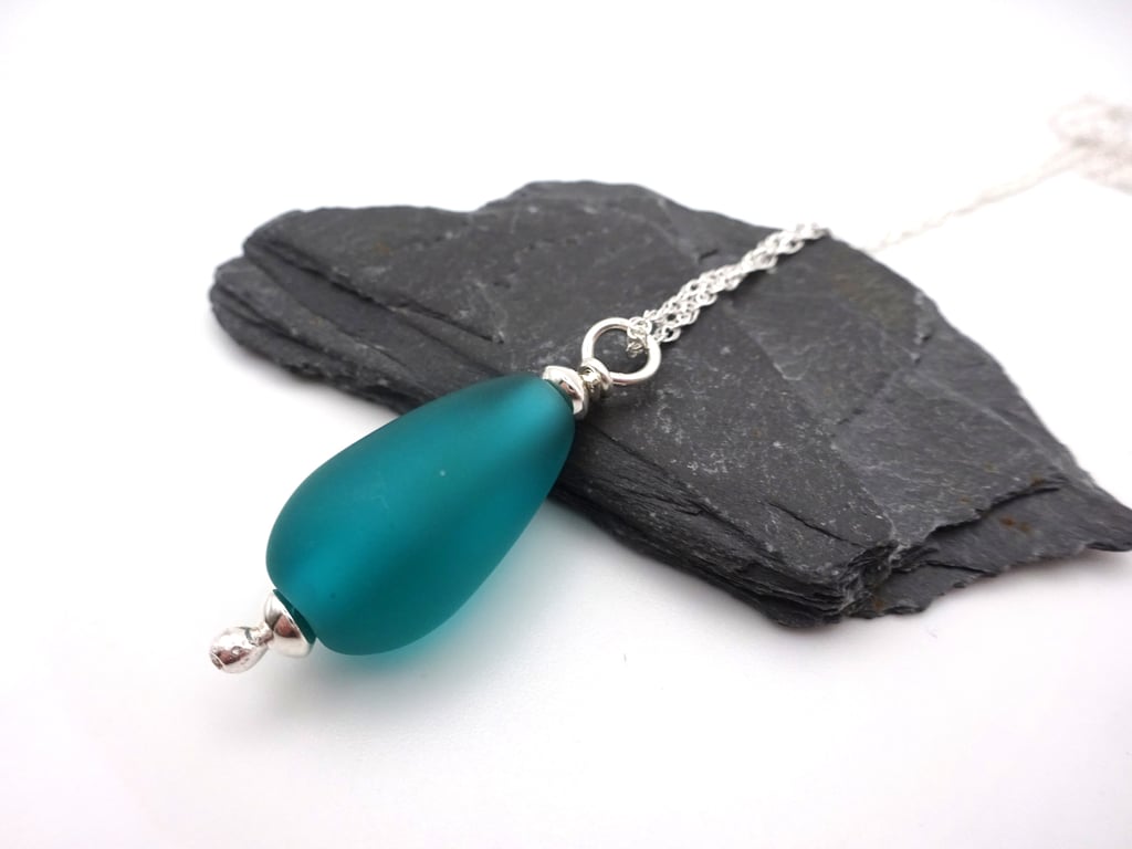 teal green lampwork glass teardrop pendant necklace, sterling silver chain 