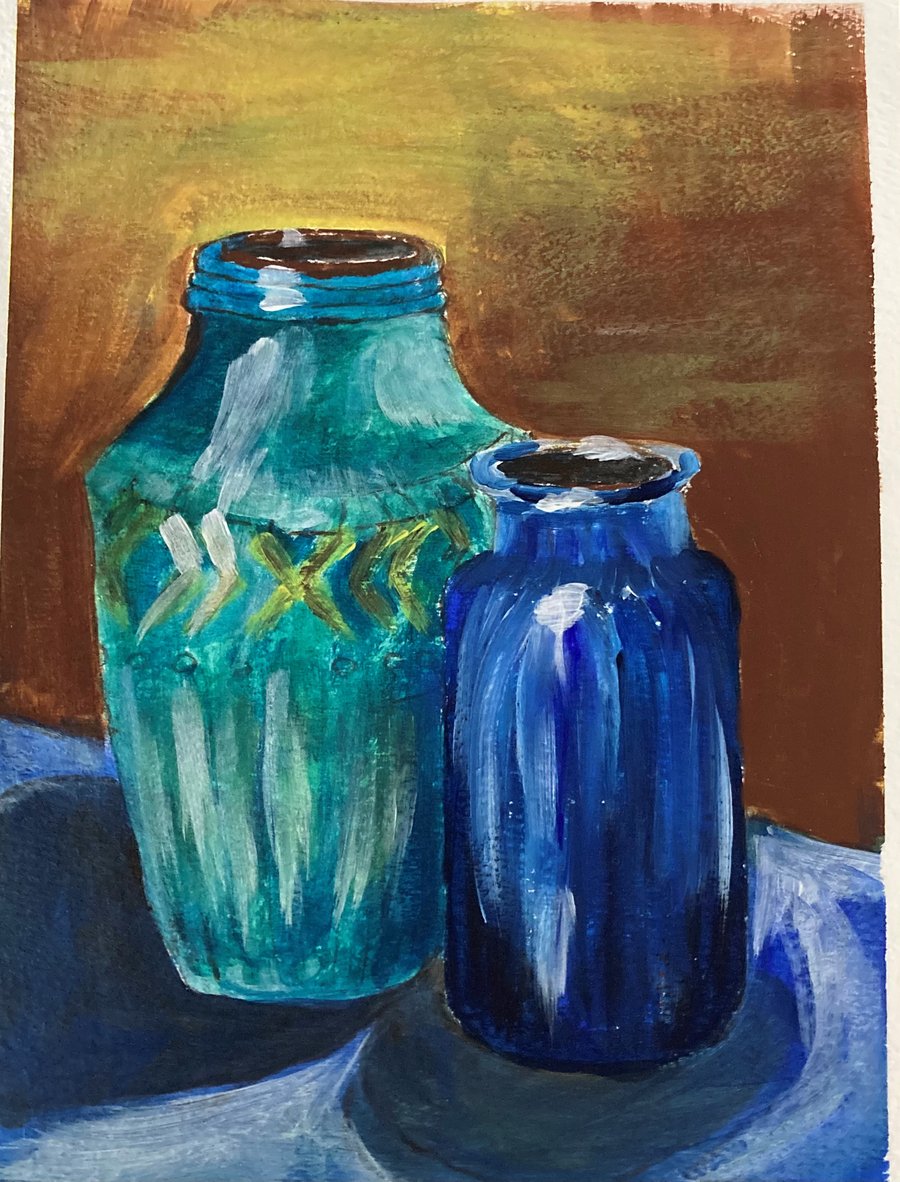 'Blue depths' - original still life painting of vases