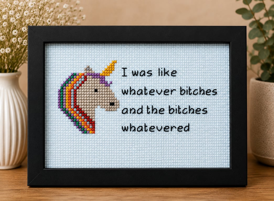 Whatever Bitches – Funny Unicorn Handmade Cross Stitch – Cheeky Framed Gift 6x4