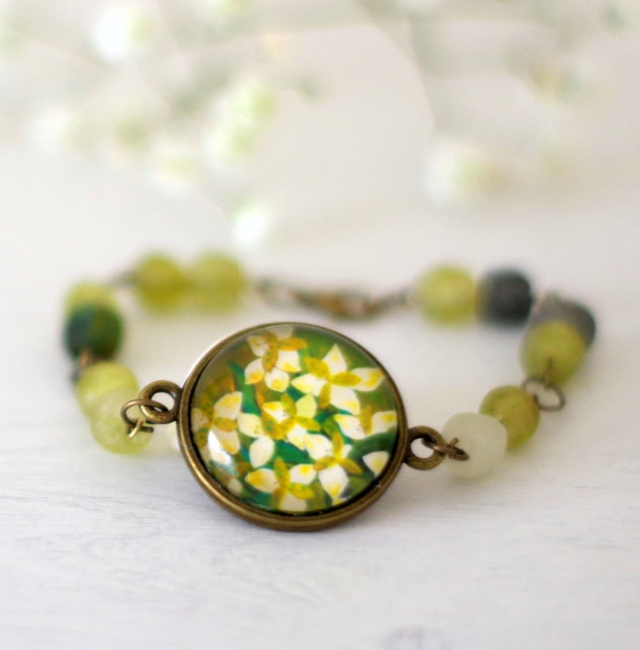 Green Floral Bracelet with Flowers Art Print and Fair Trade Sea Glass Beads