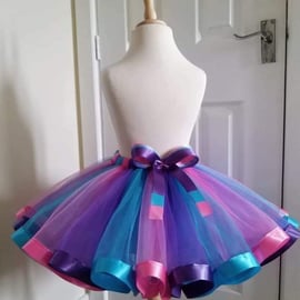 Girl's Purple, Aqua & Hot Pink Tutu Skirt - Ages From 0-6 Months to 6-7 Years UK